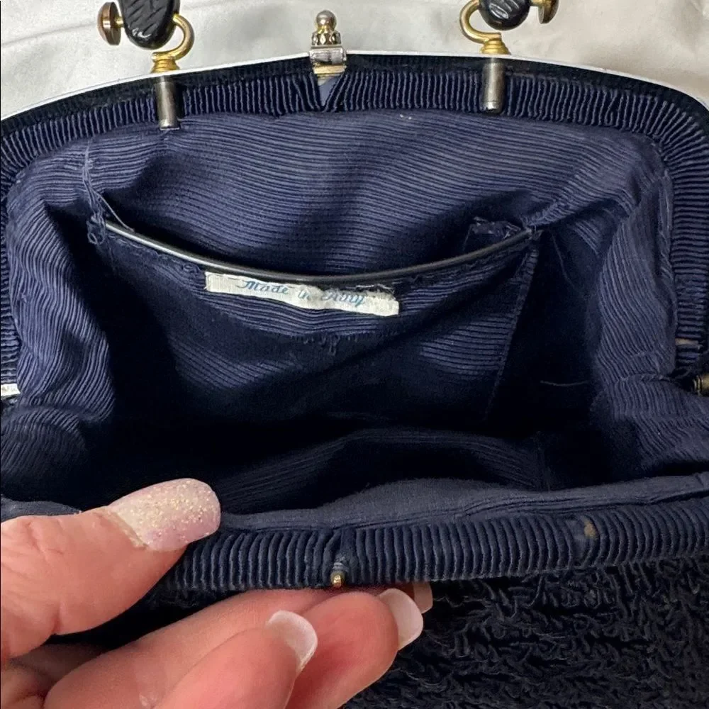 Vintage 60’s Black Knit Dumpling Bag With Silver And Gold Fixtures.